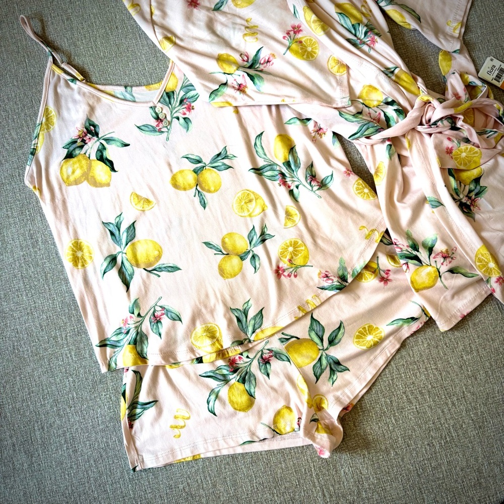Flora Nikrooz Lemon Print Pink 3 piece Pajama Set